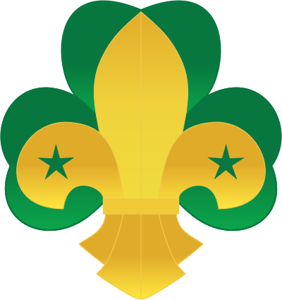 A fleur-de-lis positioned on a trefoil, in the original Scouting colors chosen by Lord Baden-Powell