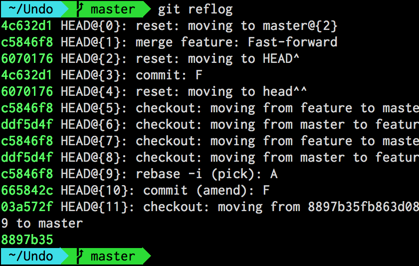 Output of git-reflog for the HEAD reference