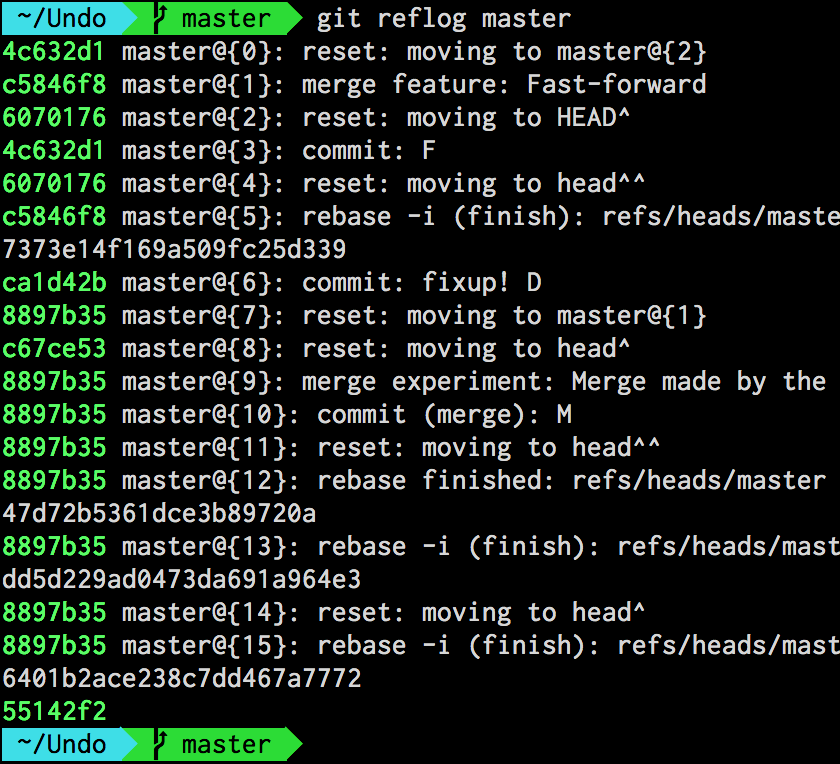 Output of git-reflog for the master branch