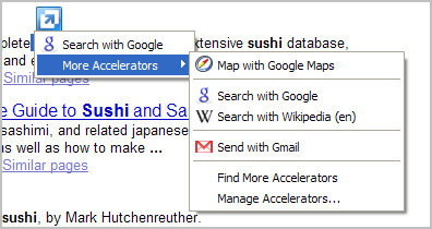 The Accelerators menu on a selected word in Internet Explorer 8.