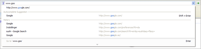 The Internet Explorer 8 address bar with its drop-down of suggestions.