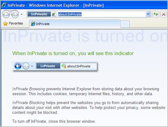 An Internet Explorer 8 window in InPrivate mode.