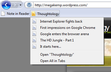 A feed in the Internet Explorer 8 favorites bar, listing the latest posts.
