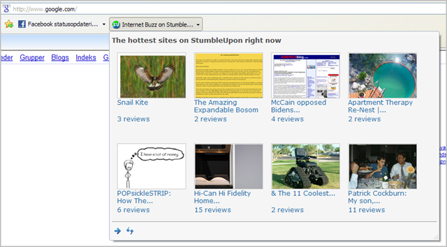 A Web Slice in the Internet Explorer 8 favorites bar, showing the hottest sites on StumbleUpon.