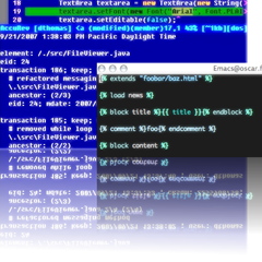 Vim and Emacs with light text on a dark background.