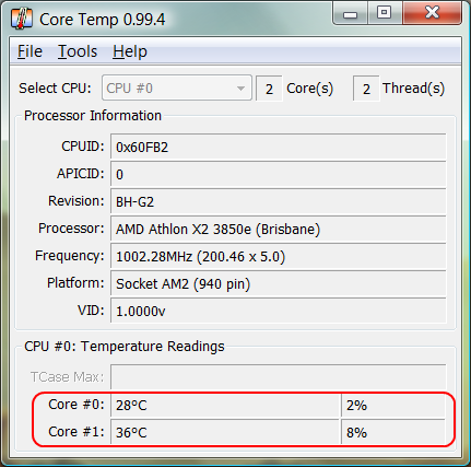 Core Temp showing the CPU temperatures when the system is idle.