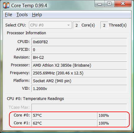 Core Temp showing the CPU temperatures under full load.