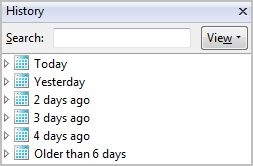 The Firefox history sidebar, grouped by day.