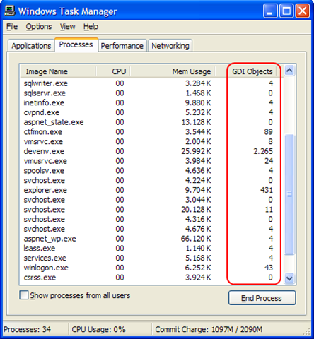 The total number of GDI resources allocated by the application as shown by Task Manager