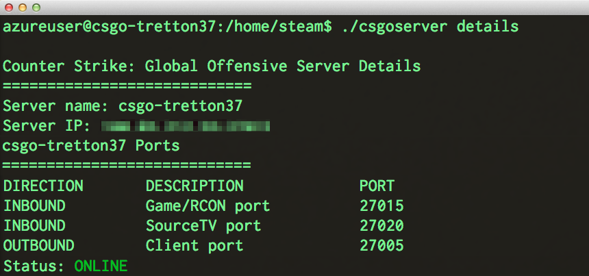 The status of the CS:GO Dedicated server as reported by csgoserver