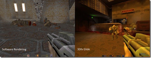 Quake II with software rendering next to Quake II with 3Dfx Glide.